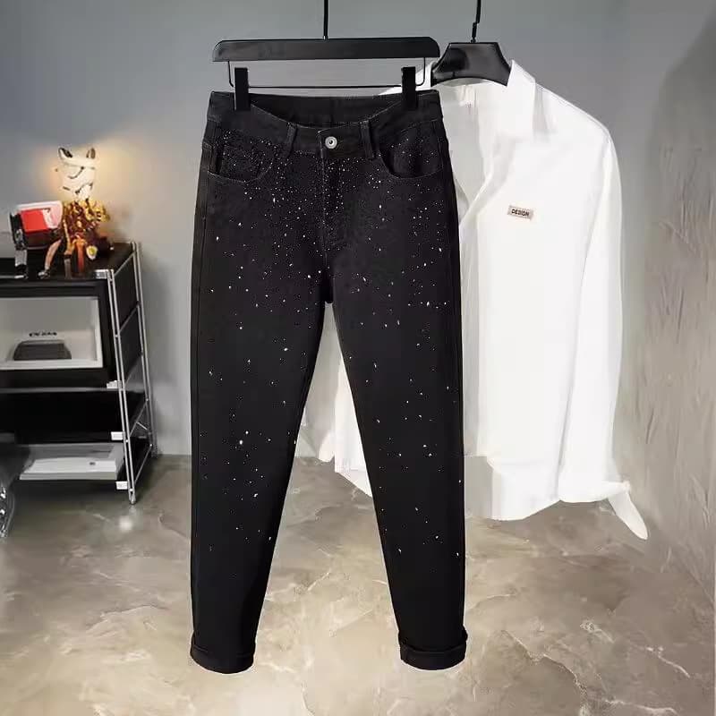 Men's Clothing high street slim jeans Internet celebrity starry sky hot diamond black versatile small feet men's brand starry sky pants