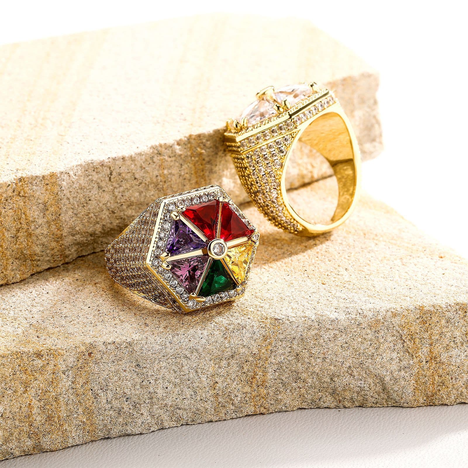 Women's Jewelry Hexagon Geometric Ring With Colorful Zircon Stones, Candy-Colored Windmill Design, Elegant And Stylish Statement Piece Everyday Wear