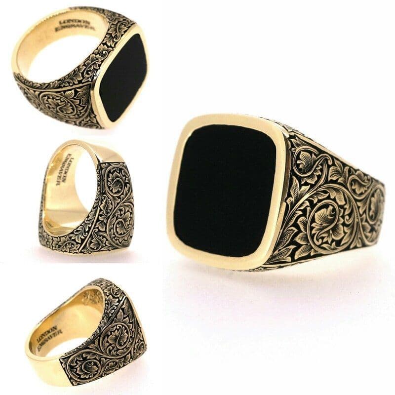 Hecheng sells fashionable classical patterns, black gemstones, antique gold rings, exquisite jewelry