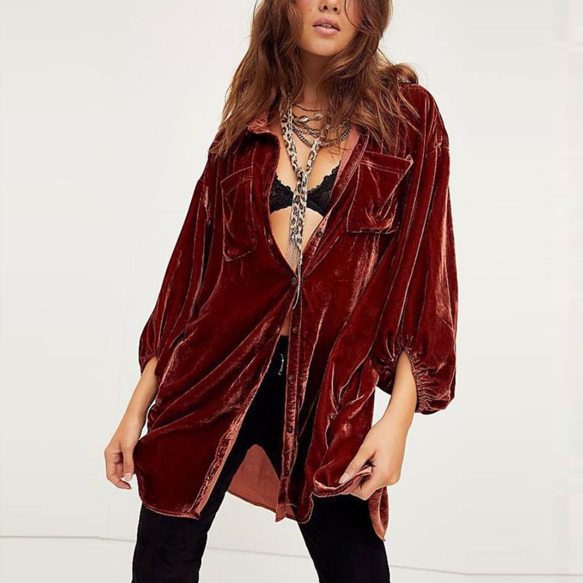 Women'S Autumn And Winter Gold Velvet Dress New Loose Lantern Sleeve Long Shirt Top