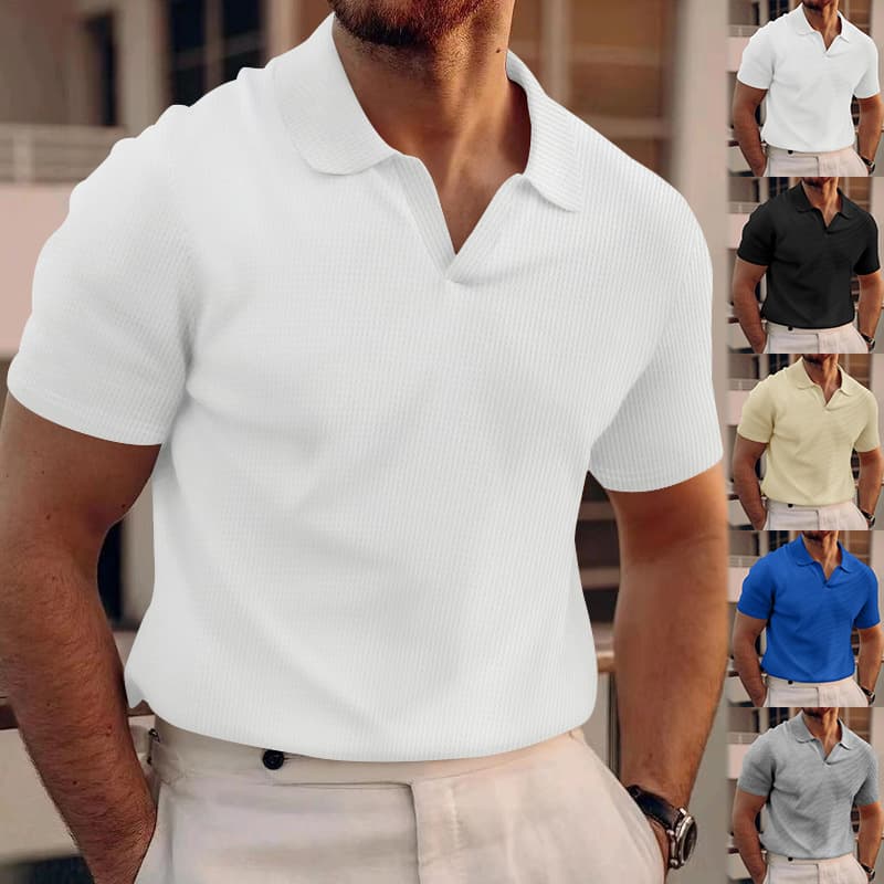 new Summer Lapel T-shirt Men's Waffle Oversize Solid Color Casual Short Sleeved Shirt