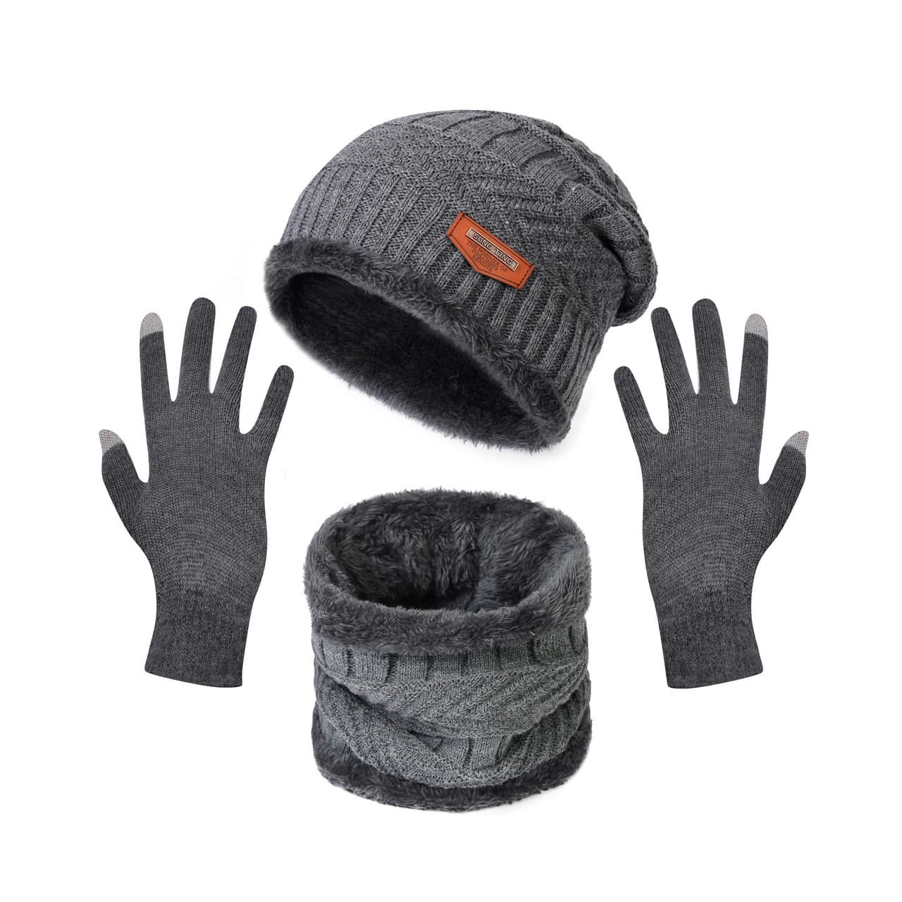 winter warm plus velvet thickened hat scarf neck solid color touch screen gloves three piece set