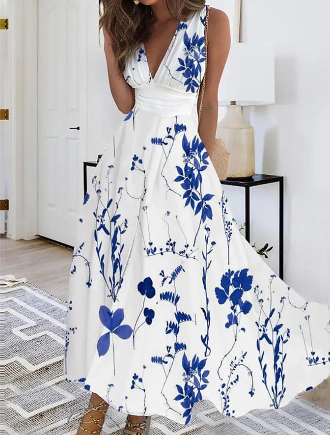 Women's Clothing Summer New V Neck High Waist Sleeveless Printed Sexy Vest Dress