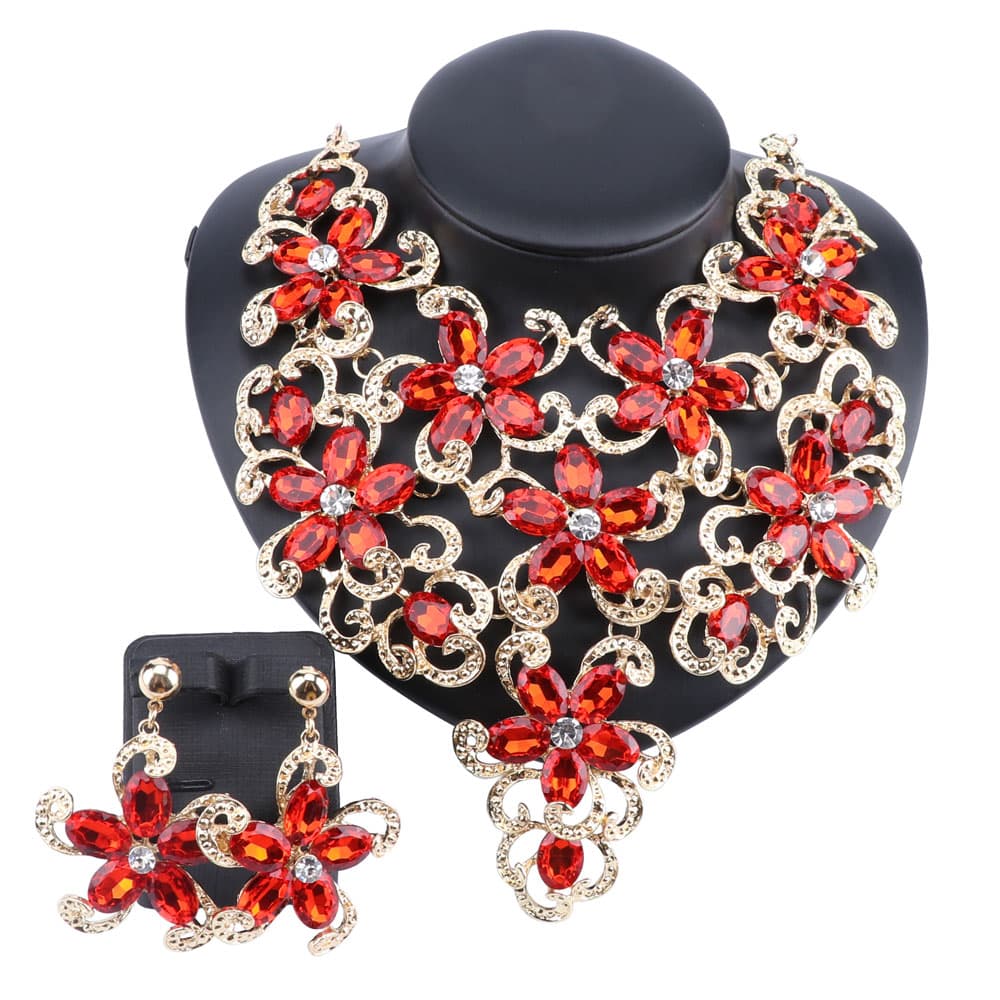 Women Accessories Wedding Bridal Gold Color Statement Champagne Crystal Flower Necklace Earring Party Jewelry Set