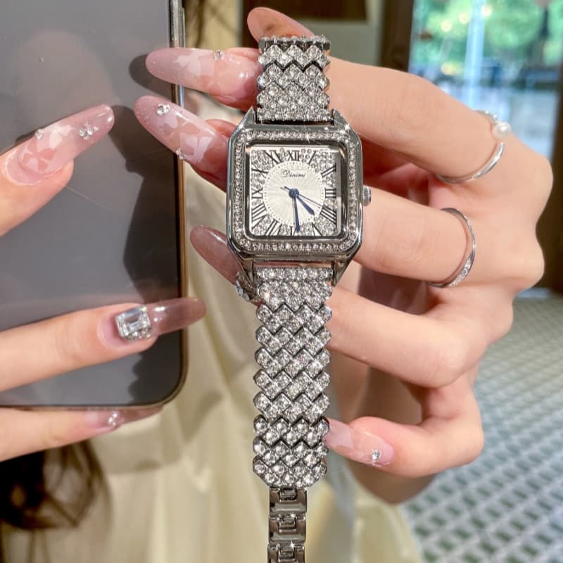 Luxury full diamond small square watch for women's niche women's watch