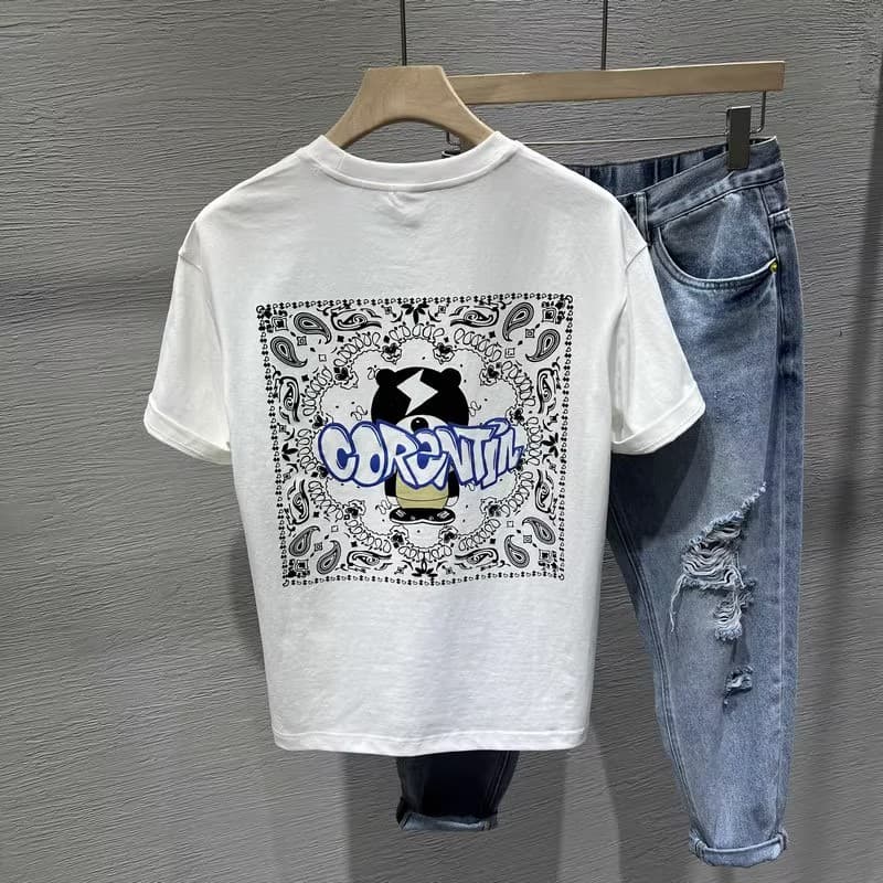 Men's Clothing Fashionable cartoon print round neck short sleeved T shirt for men summer style handsome youth versatile casual large size tops