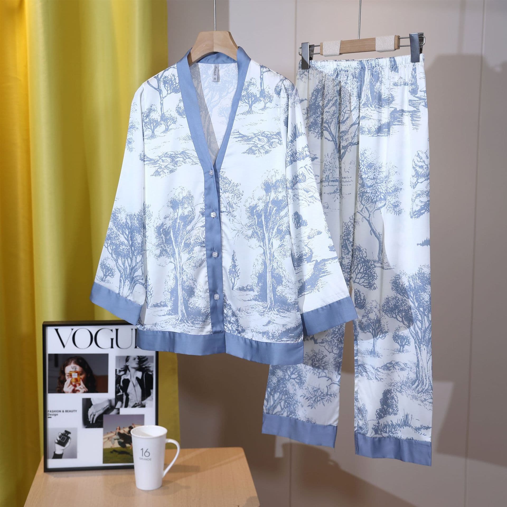 New style pajamas women's long-sleeved trousers ice silk suit home clothes spring and autumn style ins style suit V-neck