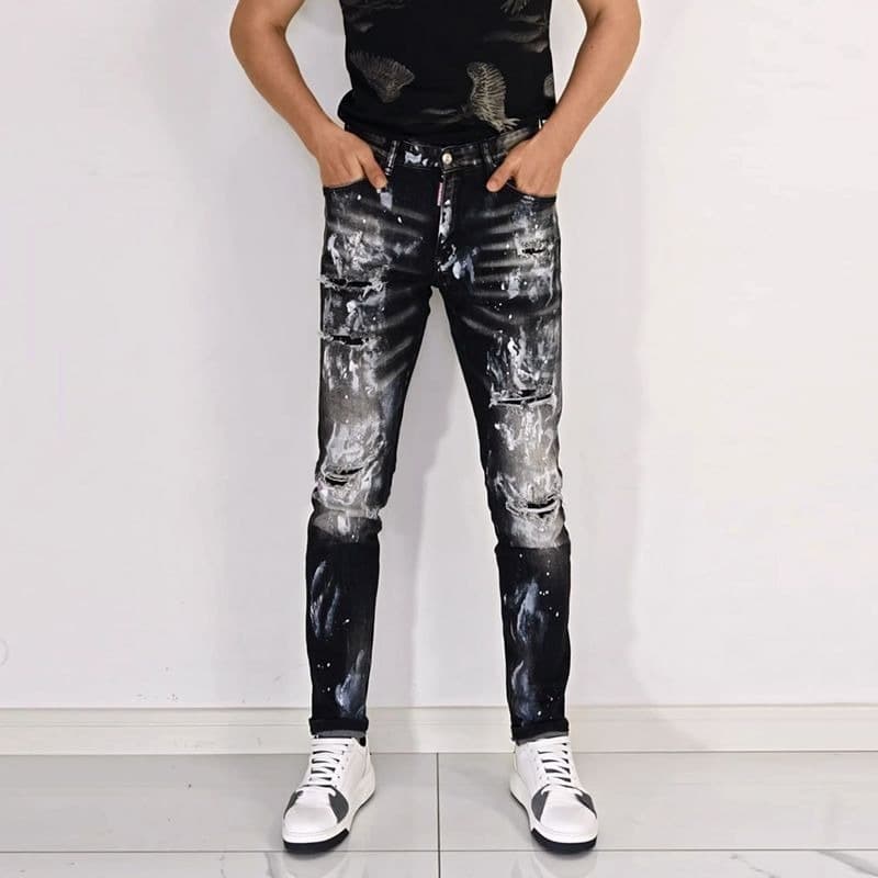 Men's Clothing Ripped Black And White Patch Trend Elastic Slim Fit Pants High End Casual Men's Pants