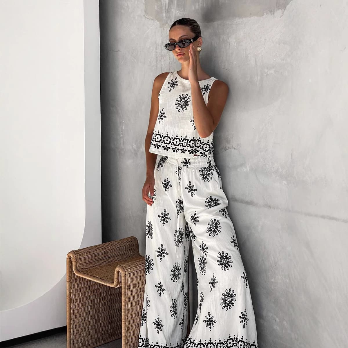 Fashion Casual Sexy Linen Vest Wide Leg Pants Suit