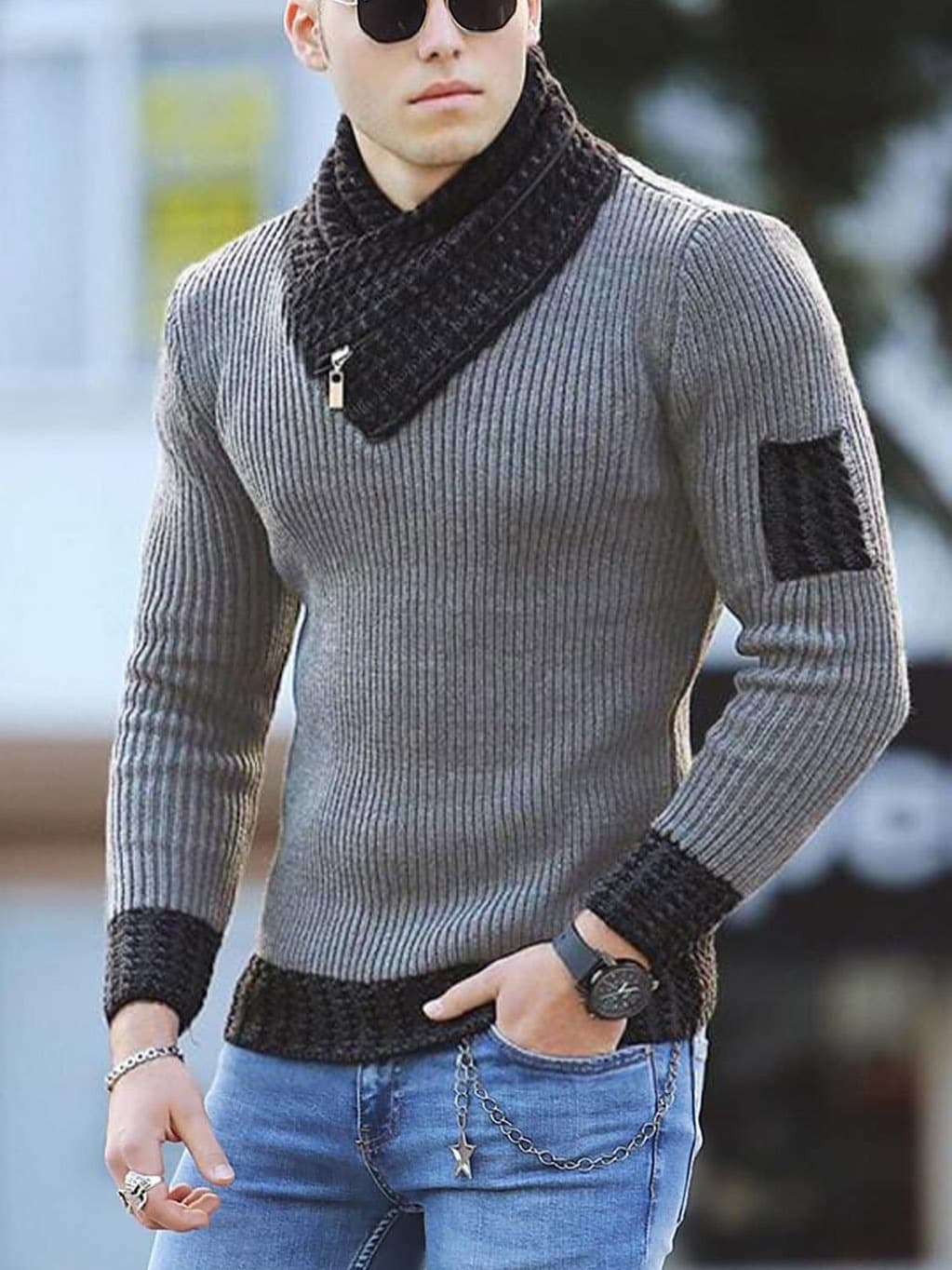 Men's Sweater Pullover Long Sleeve Fashion Urban Scarf High Neck Men's Knitwear