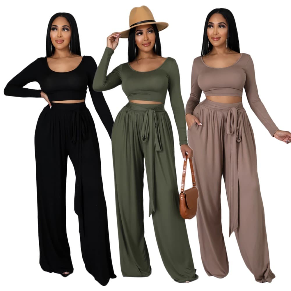 new Solid Color Long-sleeved Autumn And Winter Wide-leg Women's Two-piece Set
