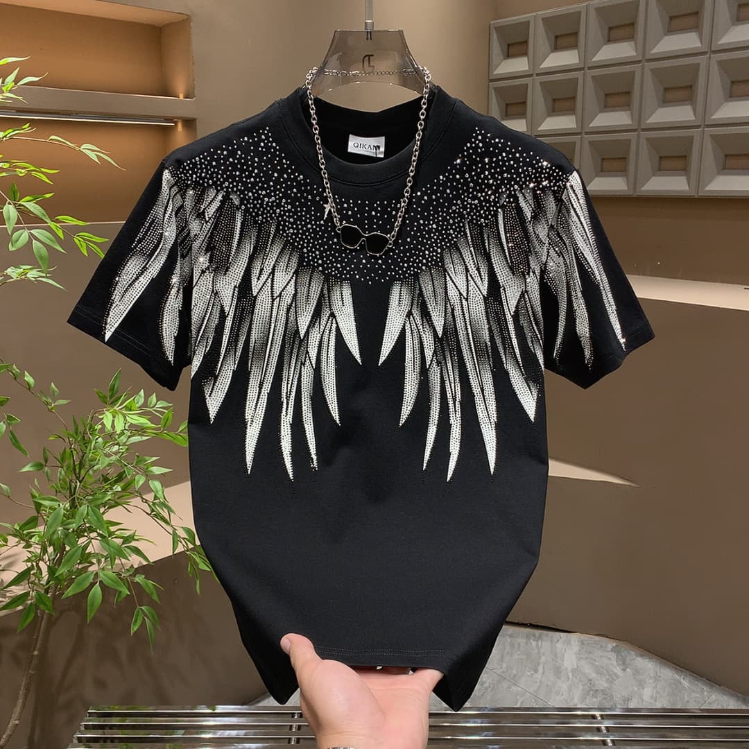 Men's Luxury Short Sleeve T-Shirt With Wing Print & Rhinestone - Stylish Casual Tee For Summer