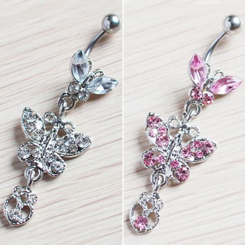 Yamaler Fashion Rhinestone Butterfly Dangle Belly Navel Curved Button Barbell Ring