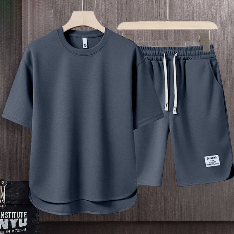 Men's Clothing Summer fashion brand new short sleeved T suit men's loose large size shorts set advanced handsome waffle two piece suit