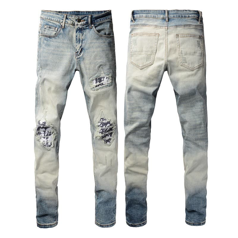 Men's Clothing same style cat whisker wrinkled black and white patchwork hole elastic slim fit skinny jeans jeans
