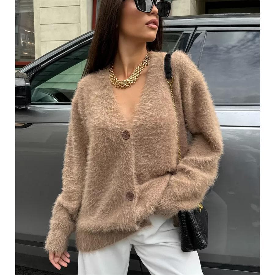 Women's Clothing Lazy style knitted cardigan women autumn and winter fashion v neck loose mink sweater jacket knitted sweater