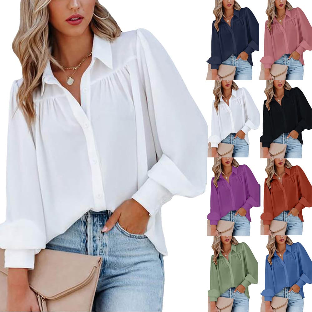 Women's fashion solid color stand collar loose shirt with long sleeves