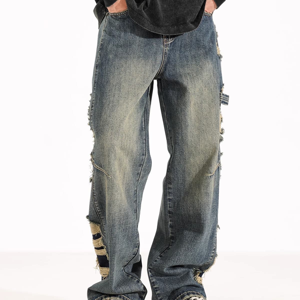 Men's Clothing Autumn Hard Work High Waist Washed Side Big Hole Wide Leg Handsome And Slim Distressed Jeans