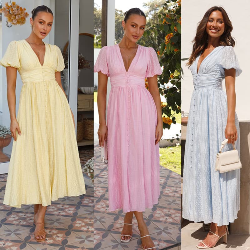 Women's Clothing New Solid Color V Neck Long Puff Sleeves Super Large Swing Slim Dress