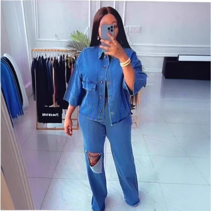 Trendy Distressed Denim Shirt & Jeans Set - Casual Streetwear Two-Piece Outfit For Men & Women (Blue/Light Blue, M/L/XL/XXL)