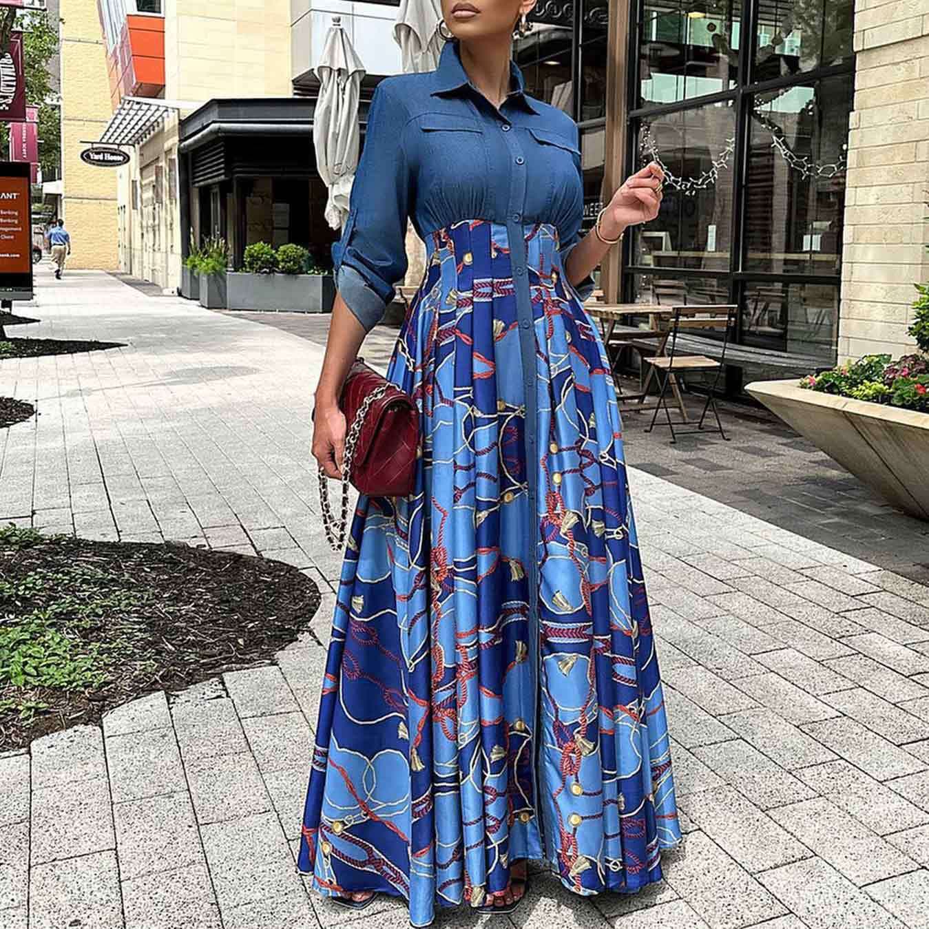 C8551 autumn and winter new large size women's fashion casual denim splicing printed long skirt big swing foreign trade dress