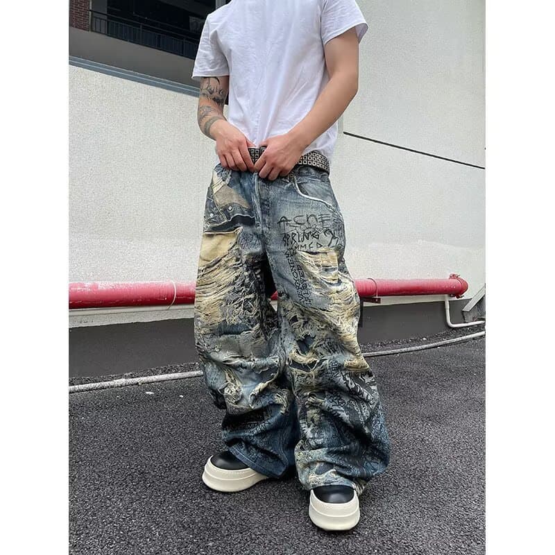 Unisex Loose Casual 3D Printed Jeans Distressed Ripped Optical Illusion Style Men's Denim