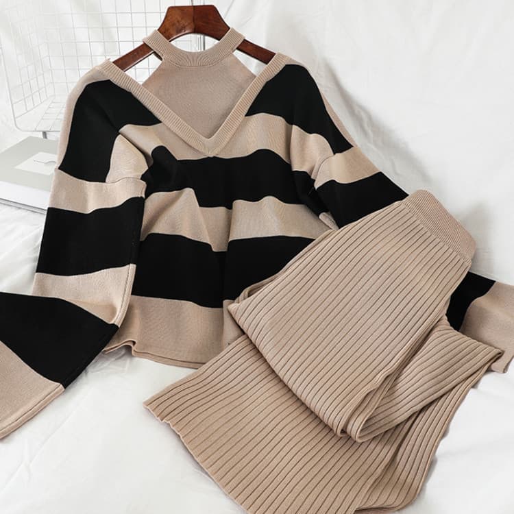 Women's Clothing sexy sweater straight slimming wide leg trousers two piece temperament suit
