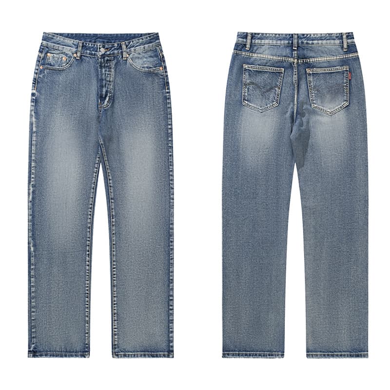 Men's Clothing Washed Snowflake Pattern Ice Blue Straight Jeans Slim Trousers