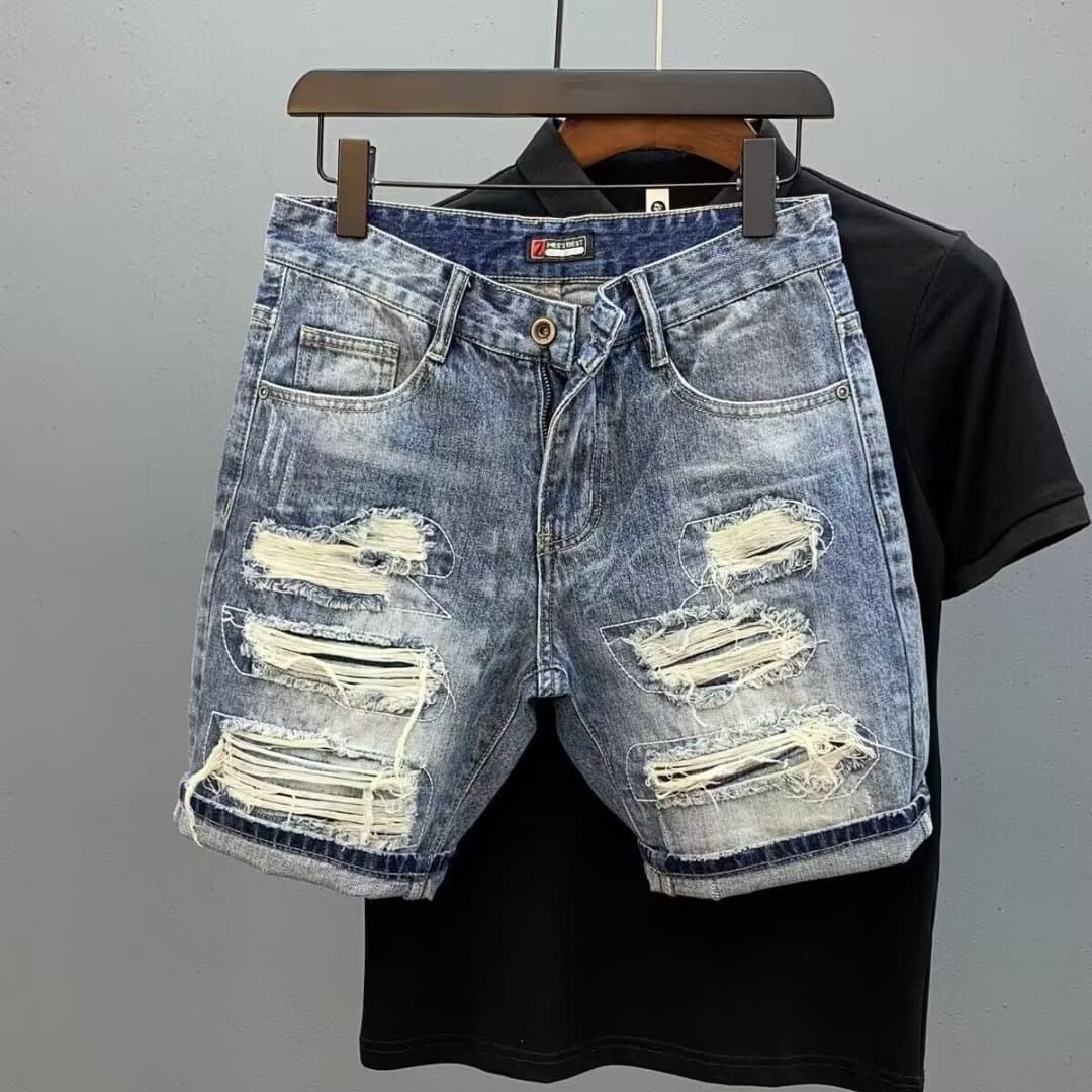 Men's Clothing Personalized Trendy Brand Side Whisker Stitching Denim Shorts Summer New Boys Scratched Hole 5 Point Pants