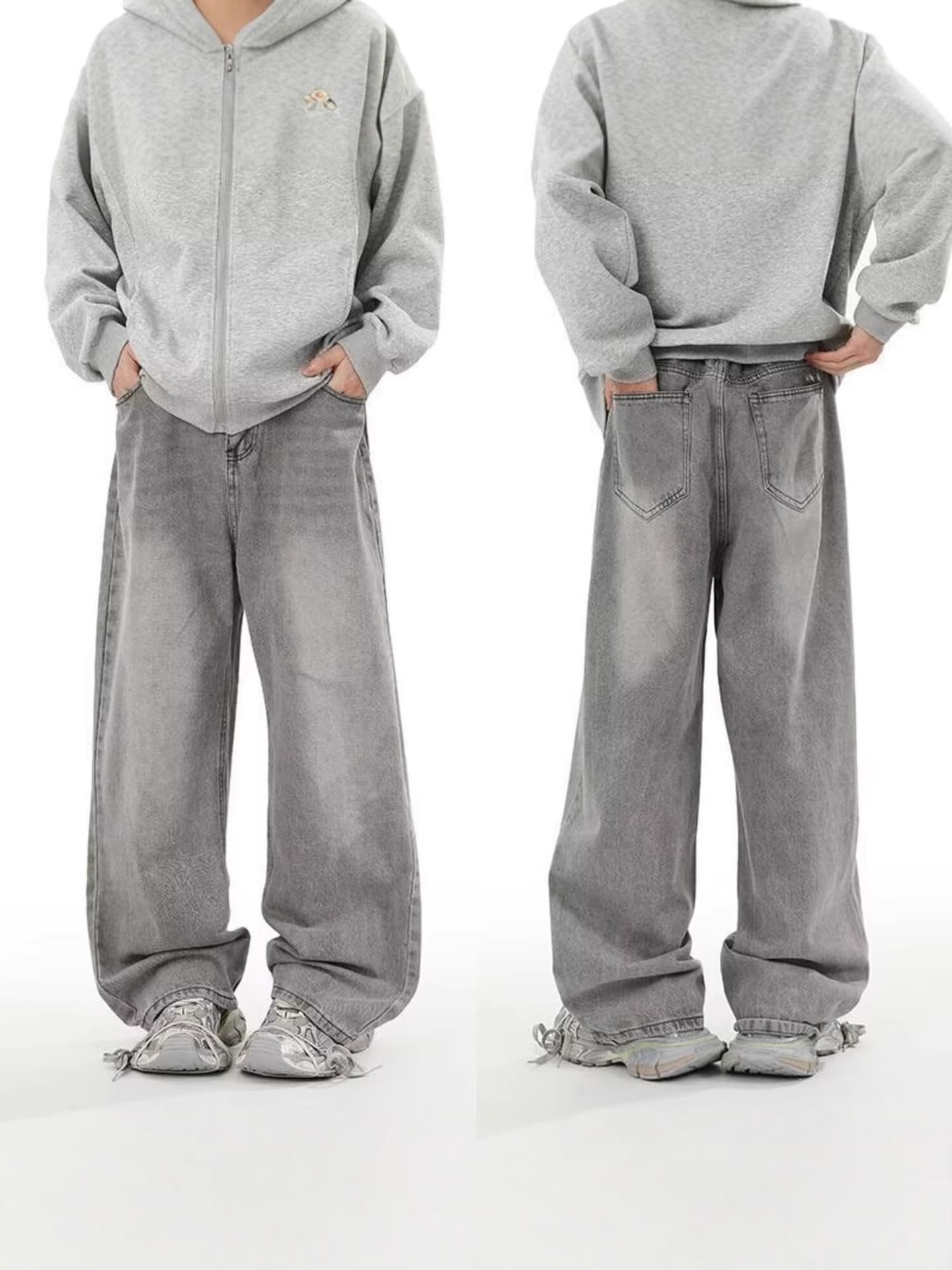 Unisex Smoky Gray Solid Color High Street Retro Jeans Loose Straight Leg Wide Leg Floor Length Casual Long Pants For All Seasons