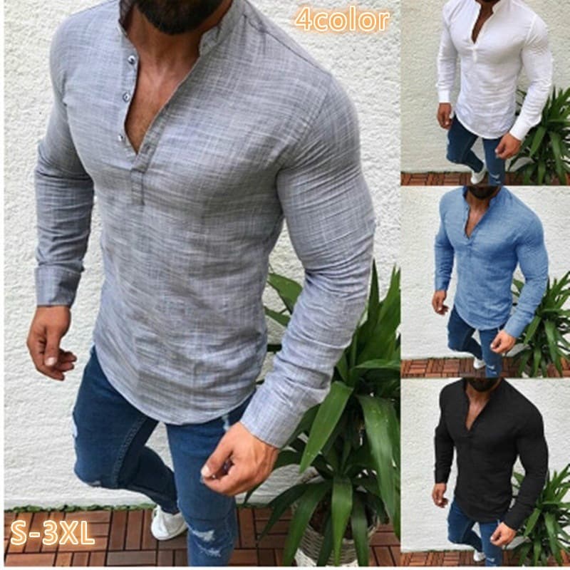 Men's Clothing Autumn New Solid Color Long Sleeved Casual Polyester Half Open Shirt
