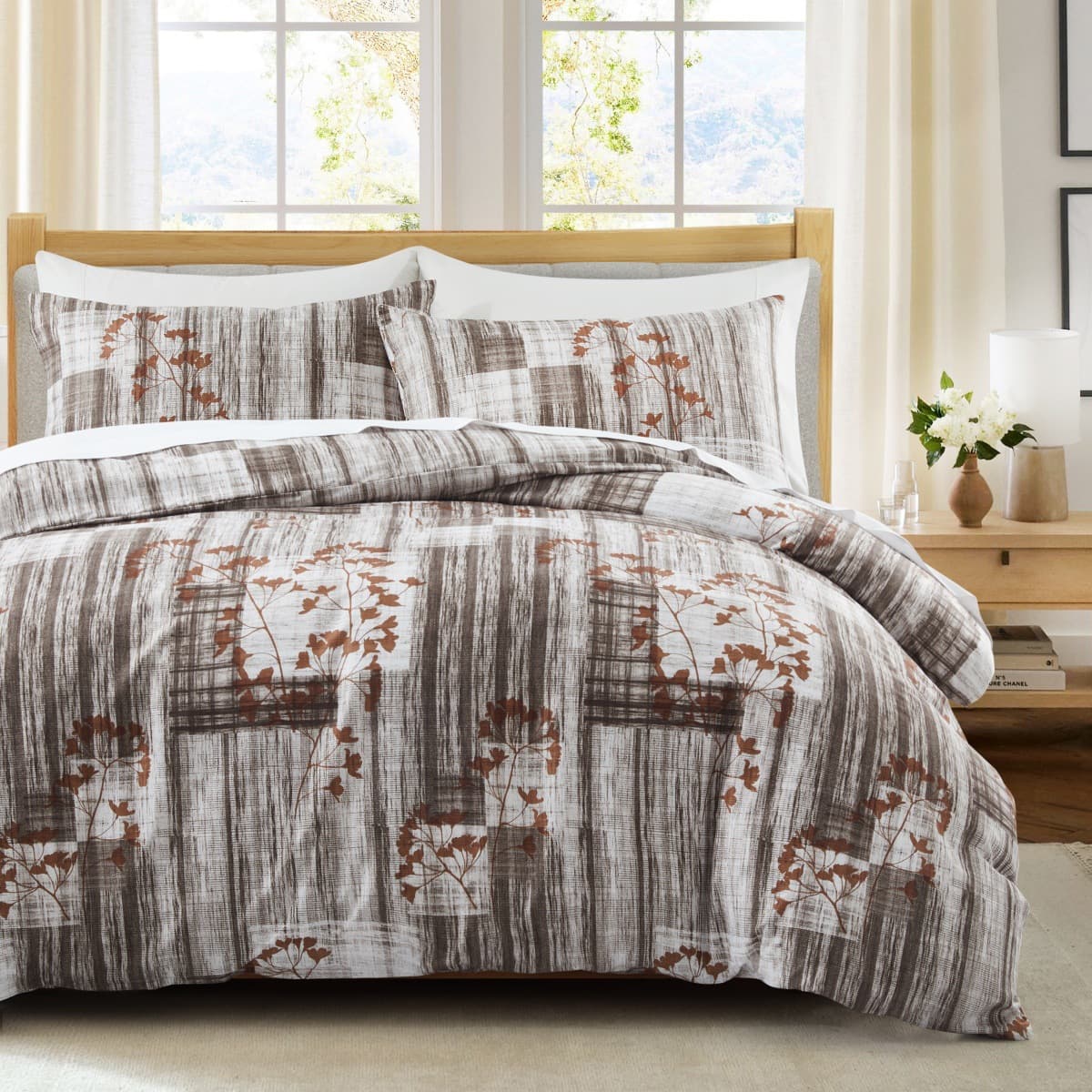 Leaf Wood Grain Floral Gray Quilt Cover Duvet Cover Bedding Three Piece Set In Soft Polyester - Milled Velvet Texture