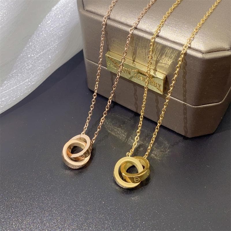 Trendy Simple Gold Color Stainless Steel Double Ring Necklace For Women Korean Fashion Light Luxury Female Pendant Clavicle Chain Jewelry
