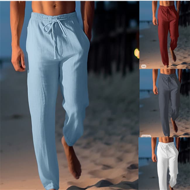 2025 Summer Men's Solid Drawstring Straight Casual Trousers Breathable Linen Pockets Beach Pants Male Daily Sport Joggers Pants