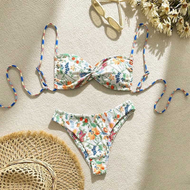 Women's Clothing Floral Lace Up Sexy Beach Bikini Swimsuit High End Fashion Hot Spring Swimsuit