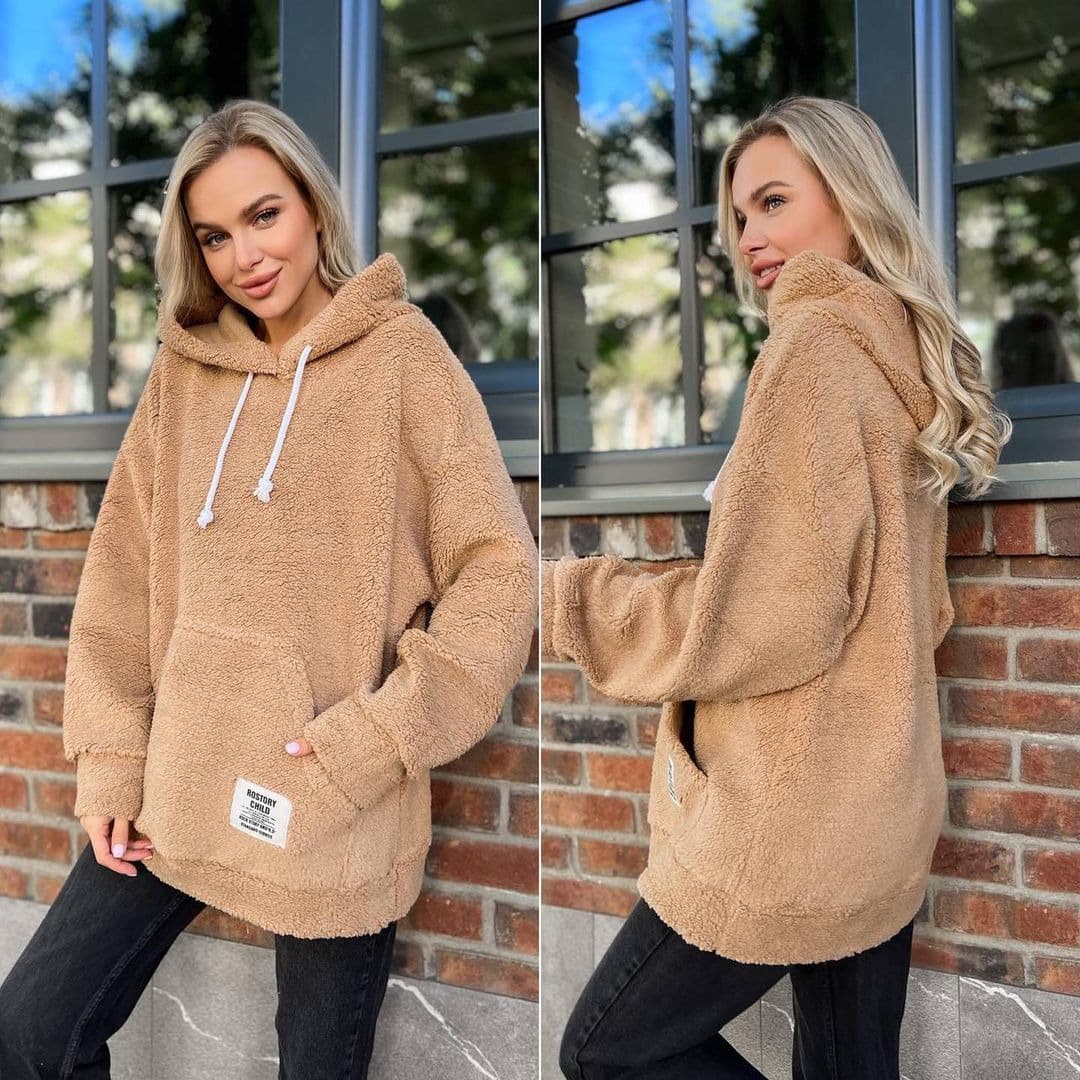 Women's flannel loose hooded long-sleeved pullover plush sweatshirt