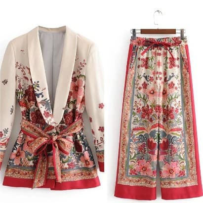 Women's Clothing spring new style with belt small suit + wide leg pants printed suit