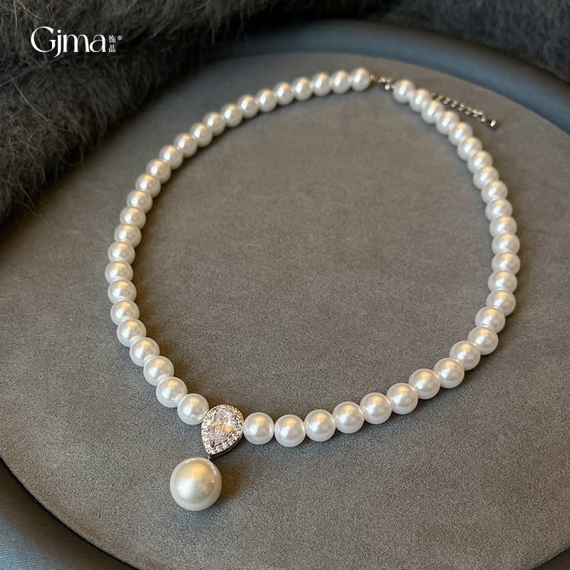 French style light luxury zircon water drop pearl necklace niche simple all-match clavicle chain internet celebrity same style high-grade necklace