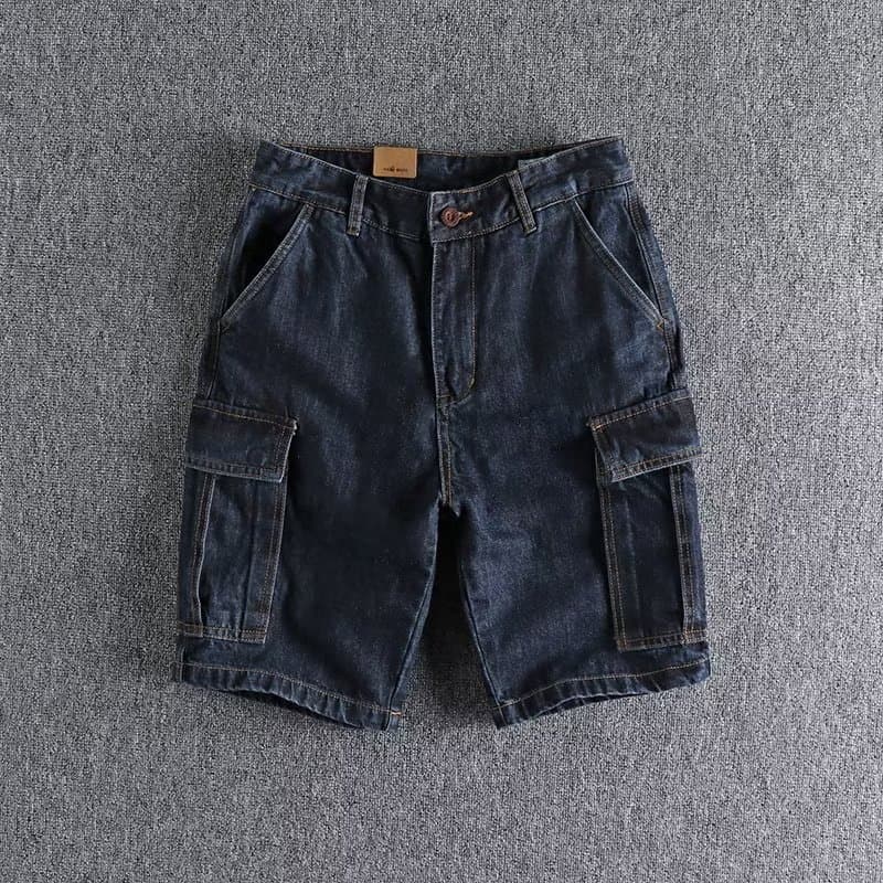 Men's American Retro Washed Distressed Workwear Denim Shorts Versatile Multi Pocket Five Point Length Original Color