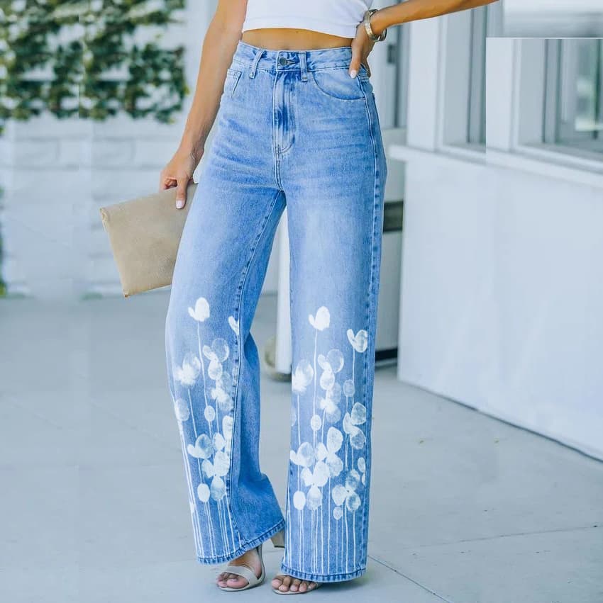 Women's Clothing Leaf print Southeast Asian retro art wide leg mopping jeans women's leisure winter new products