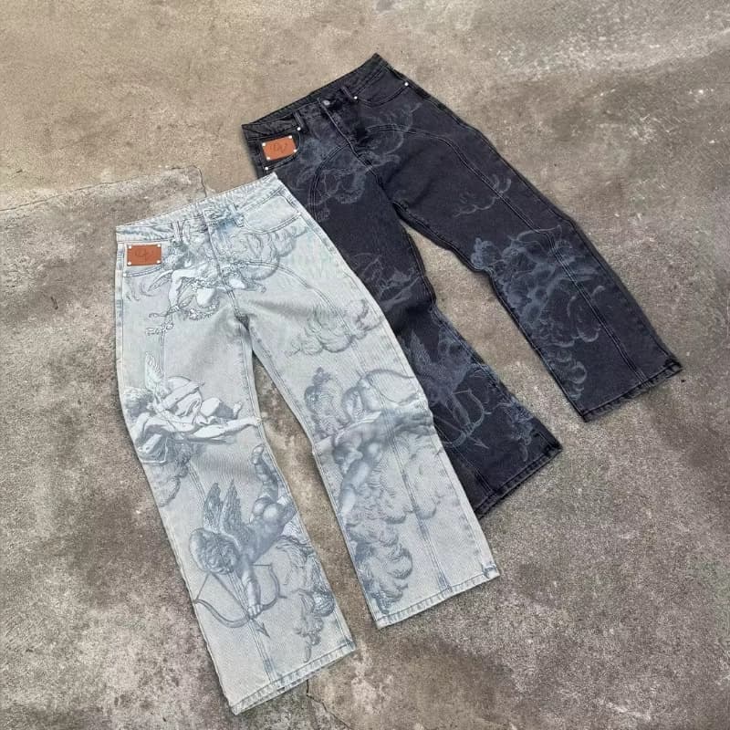 Men's Clothing Unisex Y2K High Street Design Angel Print Jeans Straight Leg Floor Length Pants Retro Style