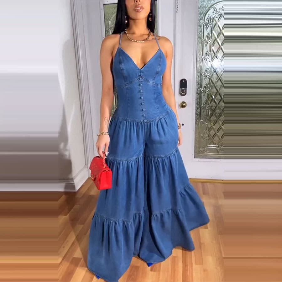 Women's Clothing New Sweet Sexy V Neck Suspender Backless Jumpsuit