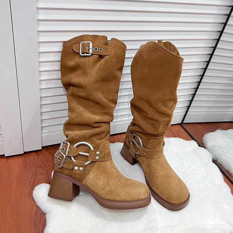 Belt buckle pile up for women 2024 soled thick heeled Western cowboy American matte knight Martin boots
