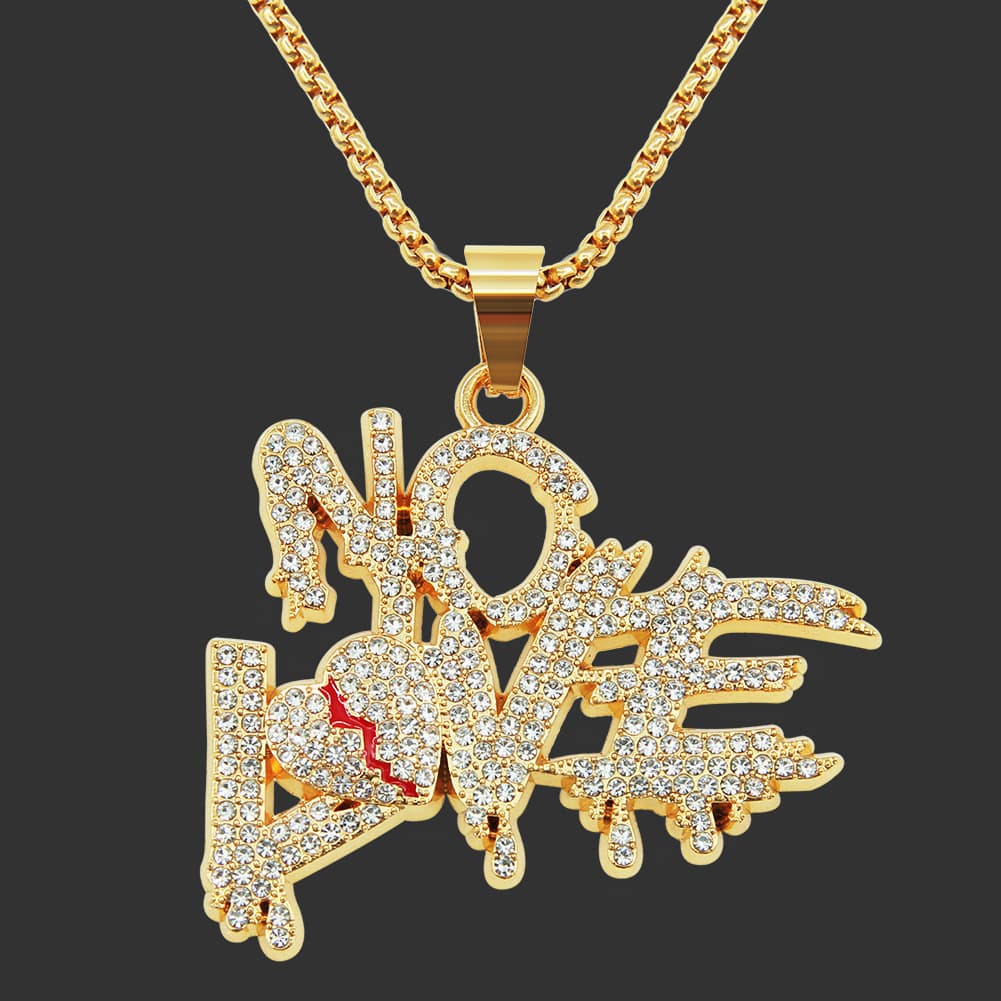 Hip Hop Cuban Chains NO LOVE Necklace Pendants for Men and Women Heart Broke Statement Necklaces Jewelry Iced Out Bling Chain