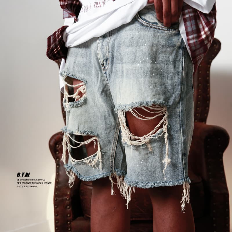 Men's Clothing Street Fashion Summer Ripped Shorts Hip Hop Raw Edge Beggar Denim Shorts