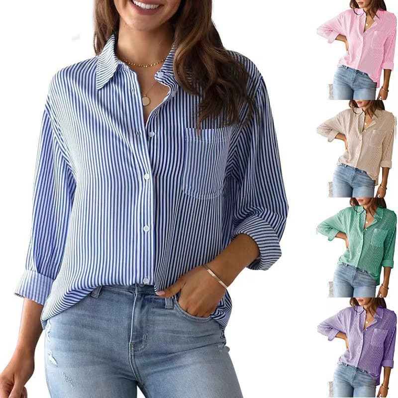 Women's Clothing New Printed Striped Cardigan Tops Casual Fashion Long Sleeved Shirt