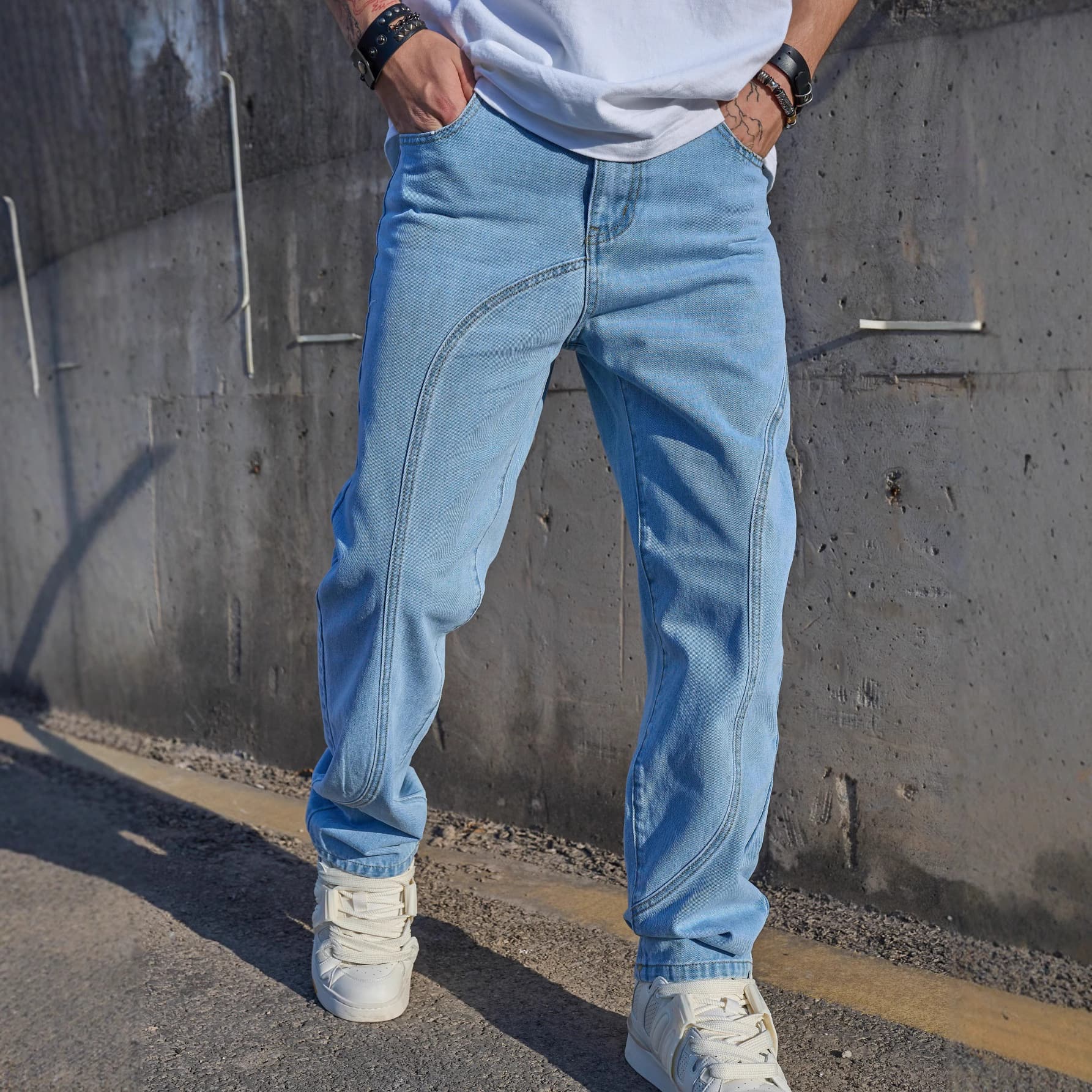 Men's Clothing Trendy Washed Straight-Leg Jeans For Men - Loose Fit Denim Pants With Artistic Paint Details & Low-Rise Design