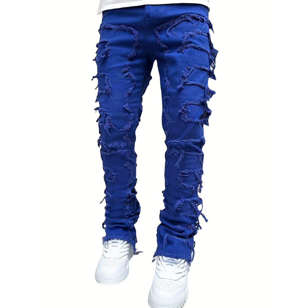 ​​"Men's Elastic Patchwork Straight Leg Jeans – Light Blue, Pink, Bluish & Khaki (Sizes S-XXL)"​​