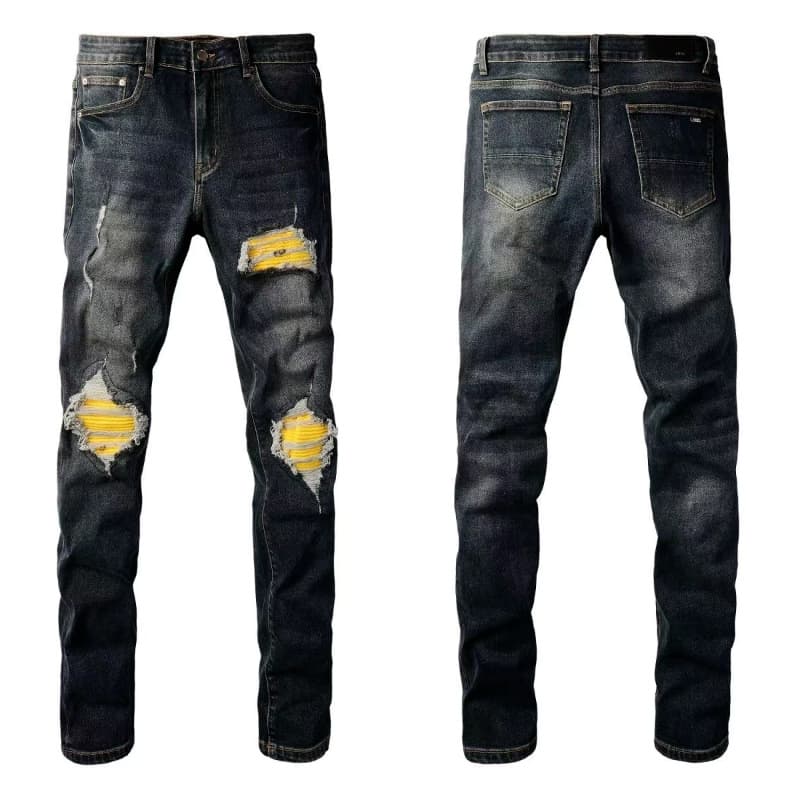 Men's Slim-Fit Distressed Jeans – Yellow Patchwork & Ripped Details (28-36, Light Blue, Stretch Cotton)​