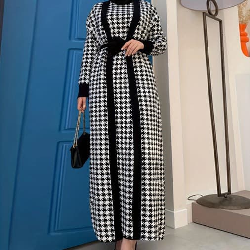Women's Clothing Thousand-bird lattice long-sleeved coat fashion dress set